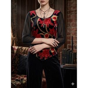 Whimsigoth Silk Velvet Burnout Top Sz M Red Floral Sheer Y2K Aliki Yamani